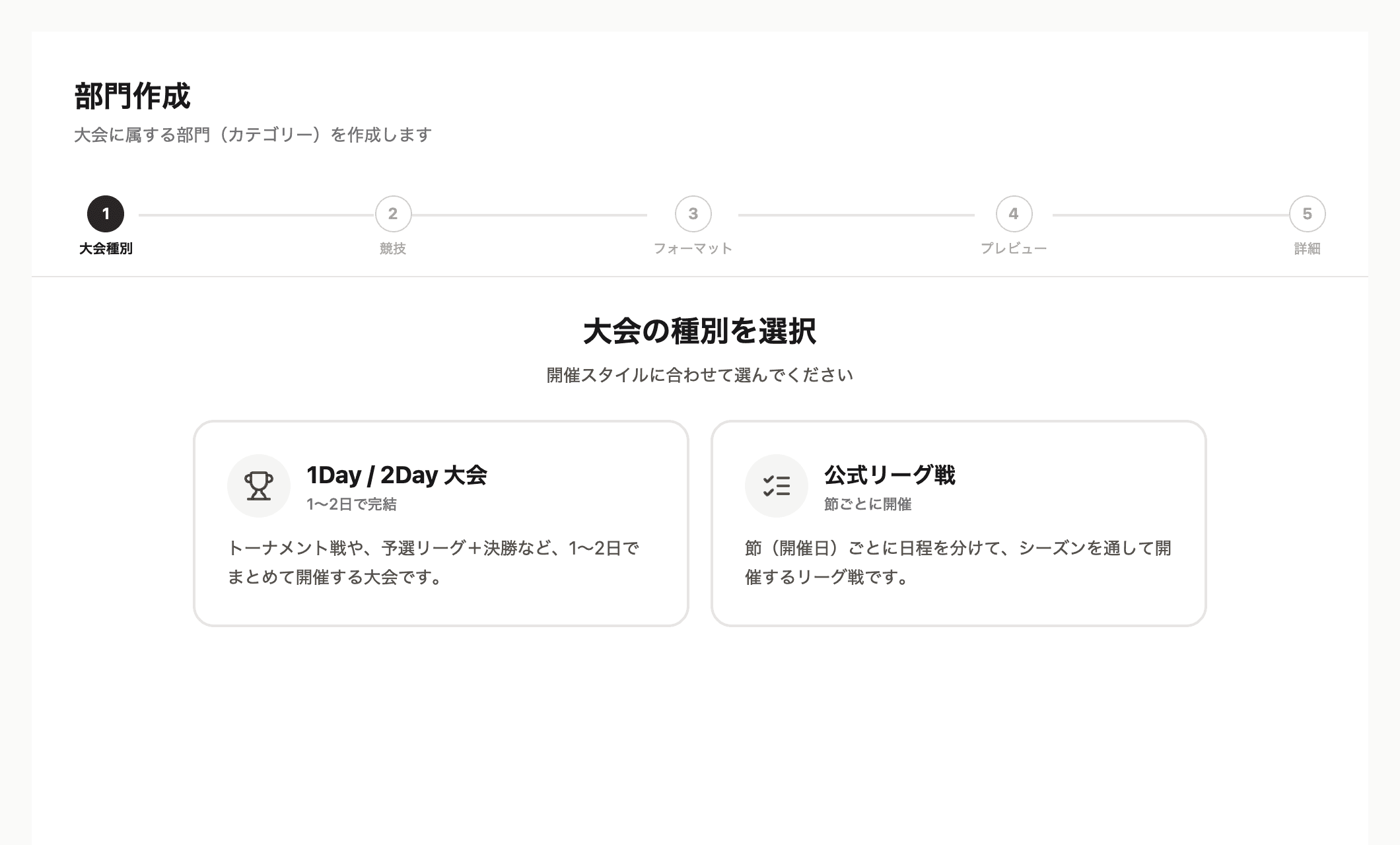 部門を作る画面。上の 1〜5 が進む順です