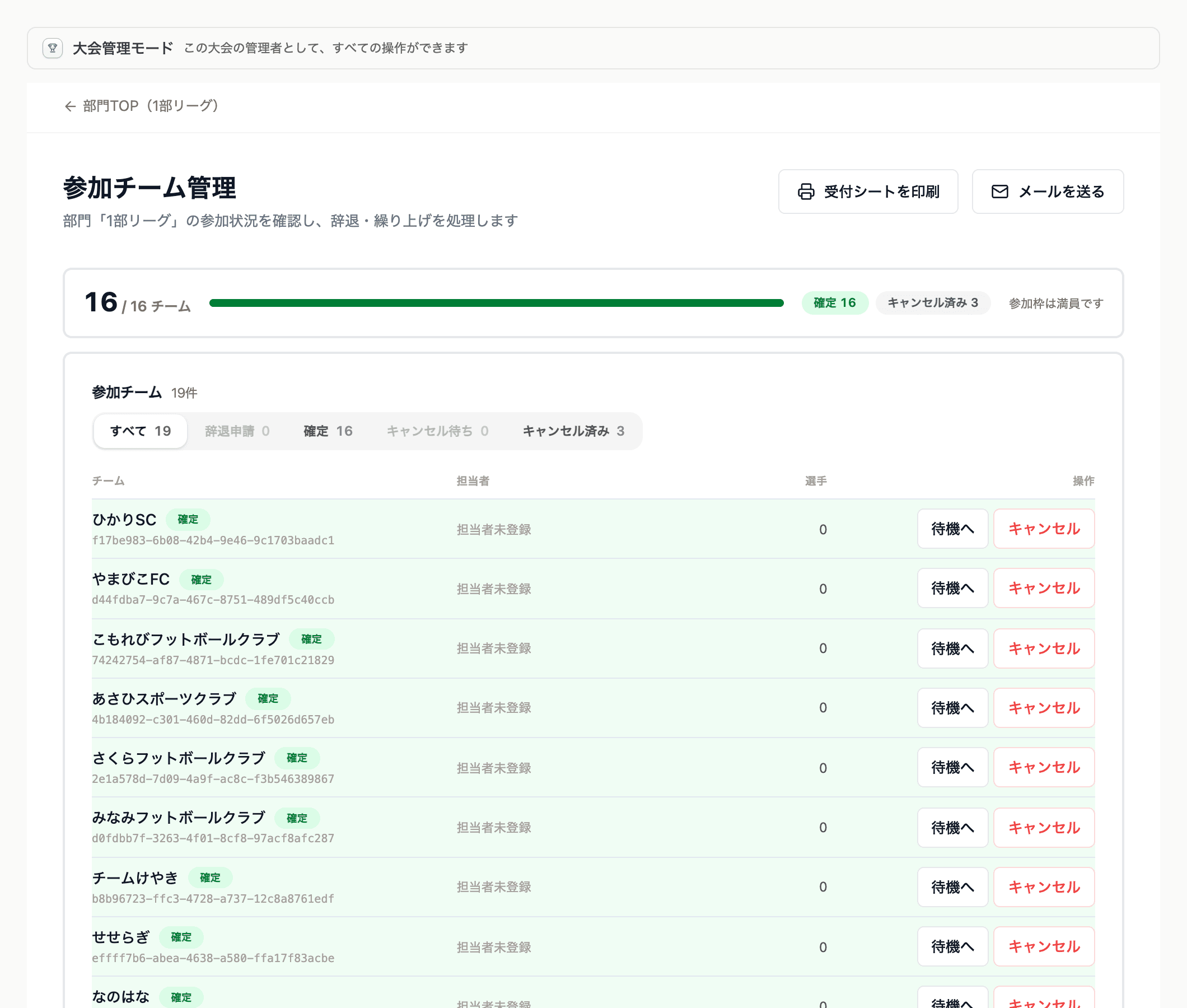 参加チーム管理。状態ごとのタブと、チームの一覧