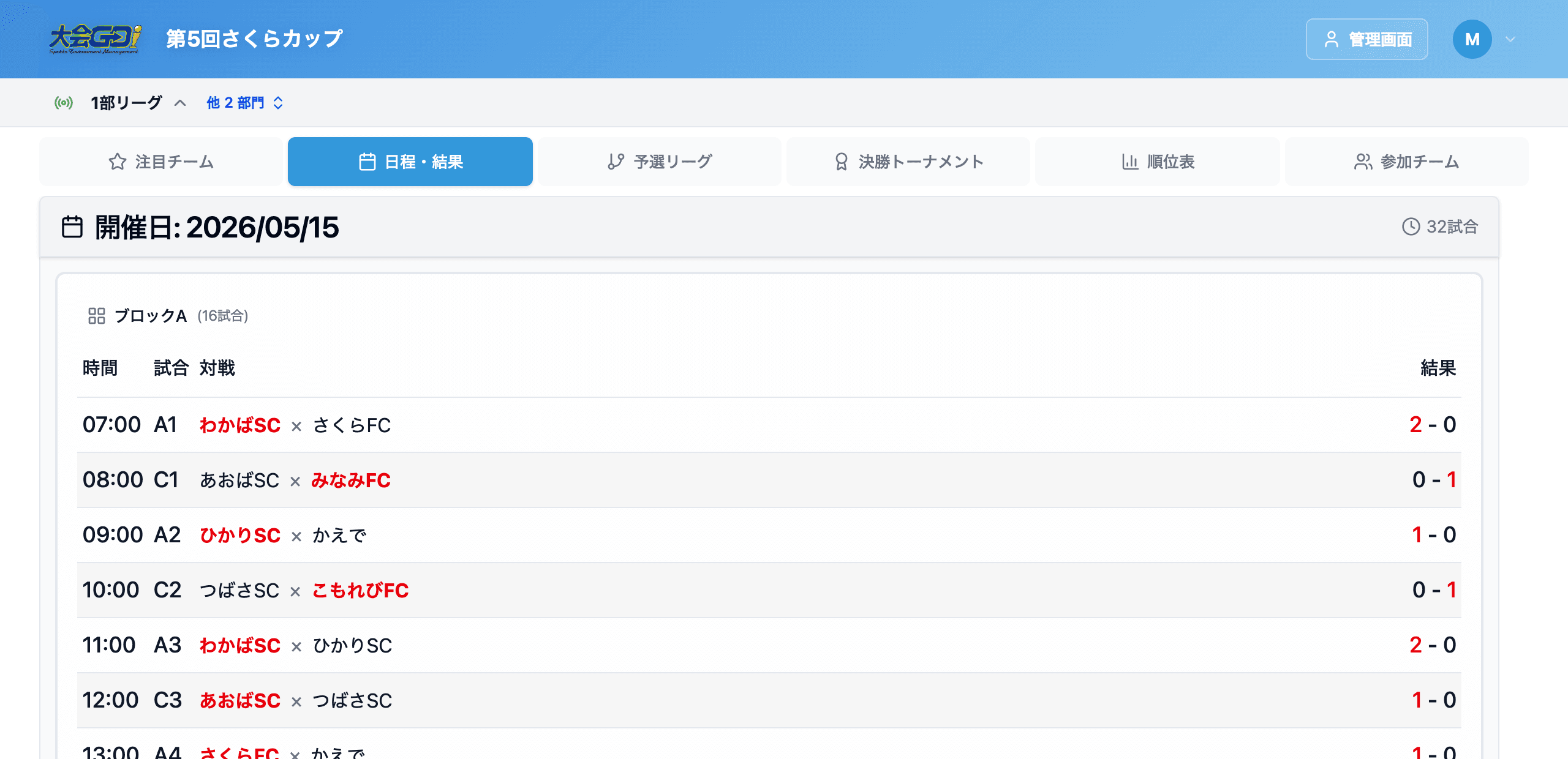 部門の公開ページ。日程・結果や順位表はこちらに出ます