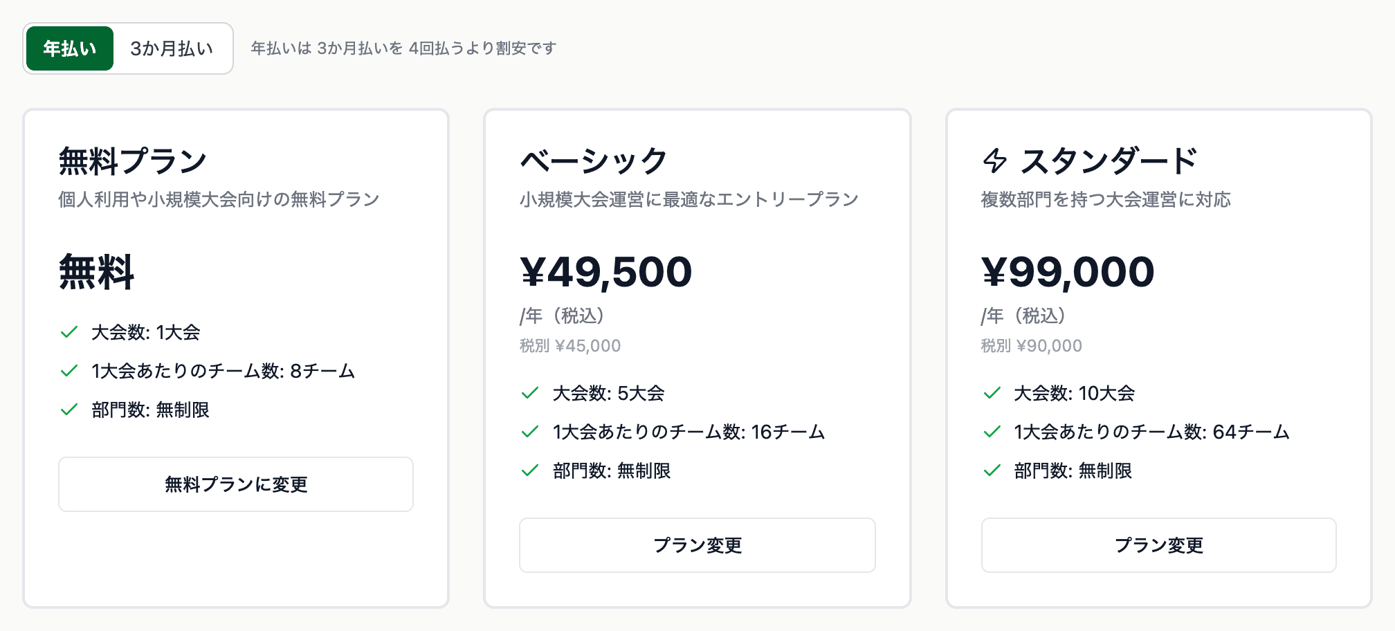 プラン変更。上で年払い・3か月払いを選び、変えたいプランのカードの プラン変更 を押す