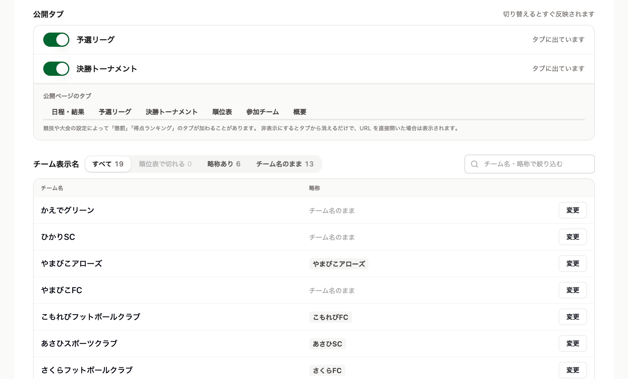 表示設定。公開タブの切り替えと、チーム表示名の一覧