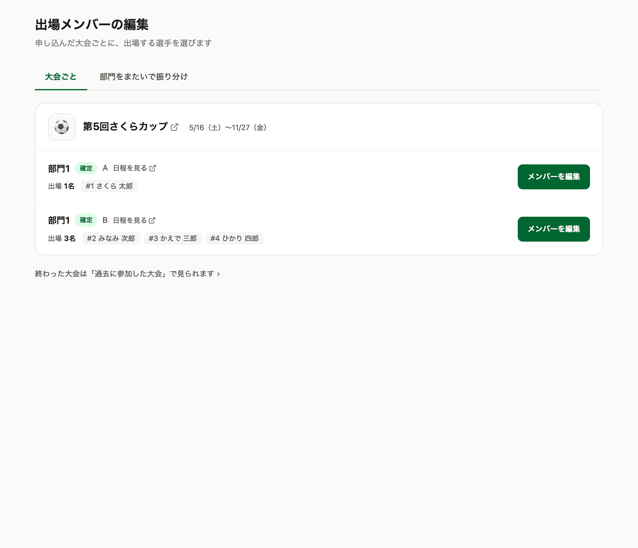 大会ごと。申込ごとに状態と出場する選手が並ぶ