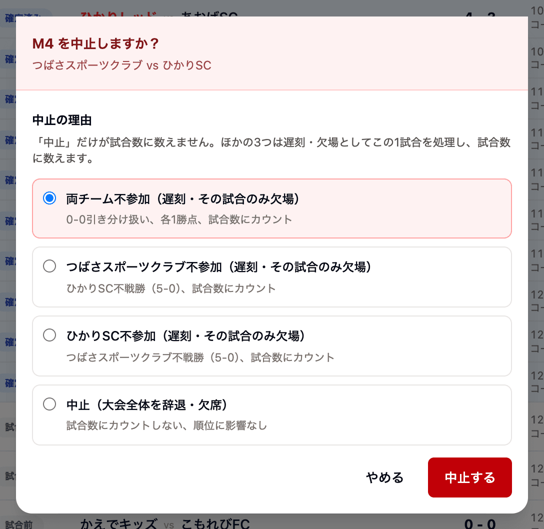 中止の確認ダイアログ。理由を選ぶと順位表への扱いが変わる