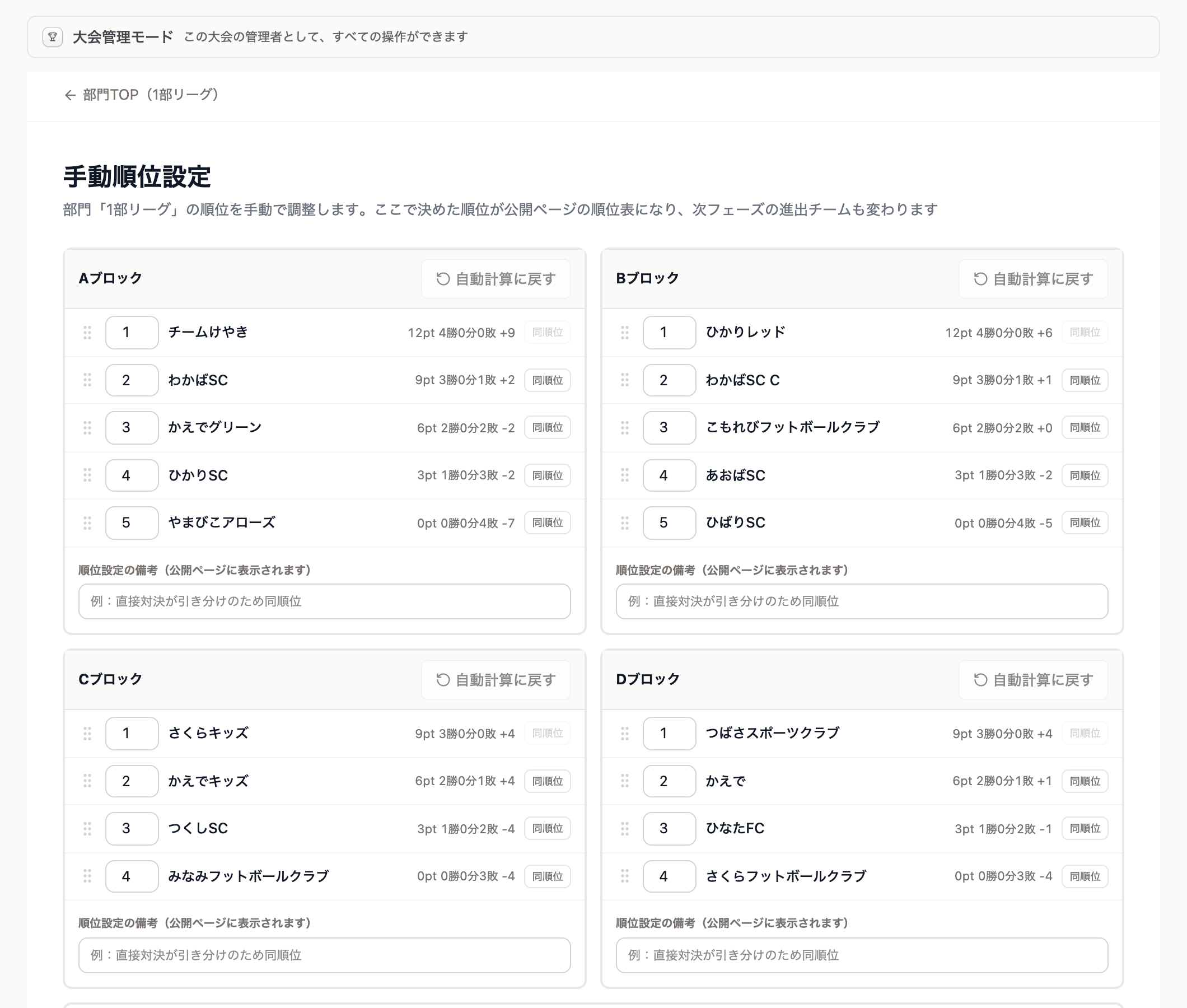 手動順位設定。行を並べ替えて順位を決める